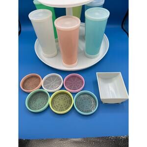 MCM Vintage Tupperware Pastel Sherbet Carousel-6 Tumblers w/ Lids & Coaster Set